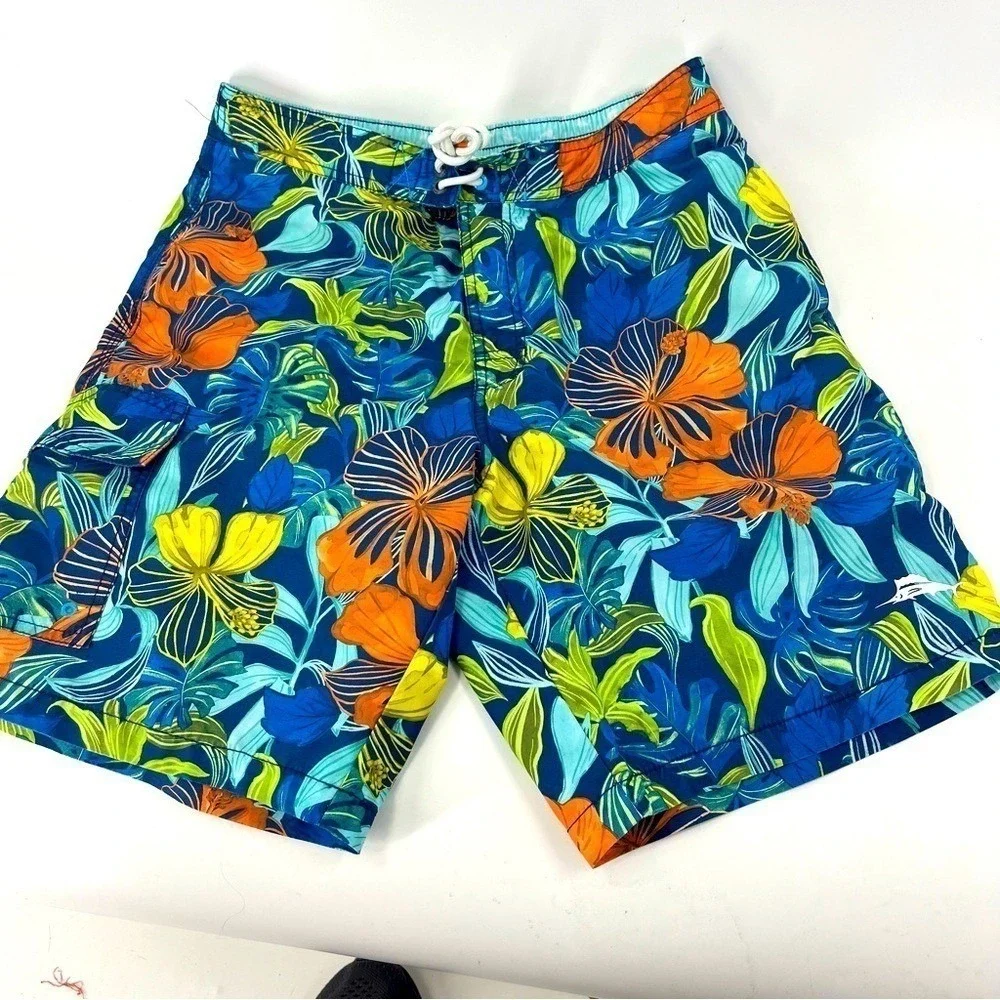 Tommy Bahama Mens Blue‎ Orange Tropical  Floral Board Shorts Swim Trunks Small